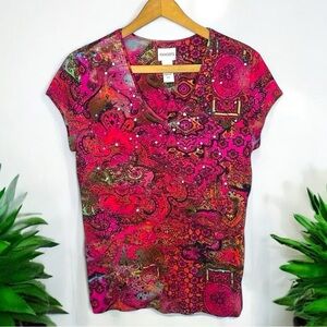 CHICO’S Y2K Sequined Artsy Paisley Floral Hippie Print Art to Wear V Neck Top